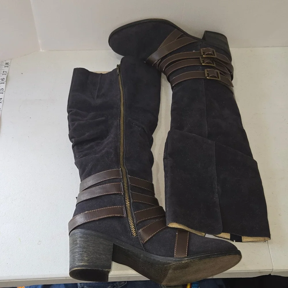 Cato Womens Size 9 Black Faux Suede Knee High Boots Brown Buckle Straps 37830346
